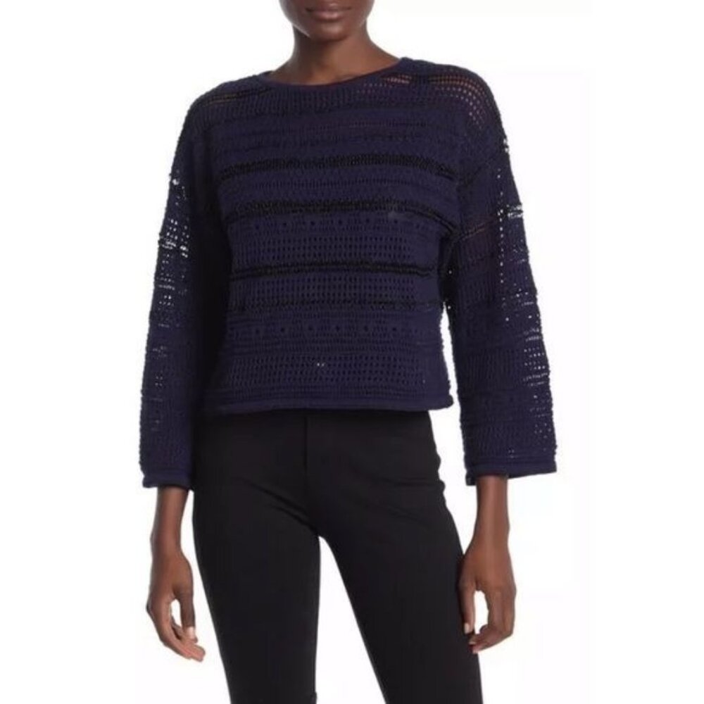 Cotton Emporium Pointelle Boat Neck Sweater Size Large Navy Long Sleeve Sz L New